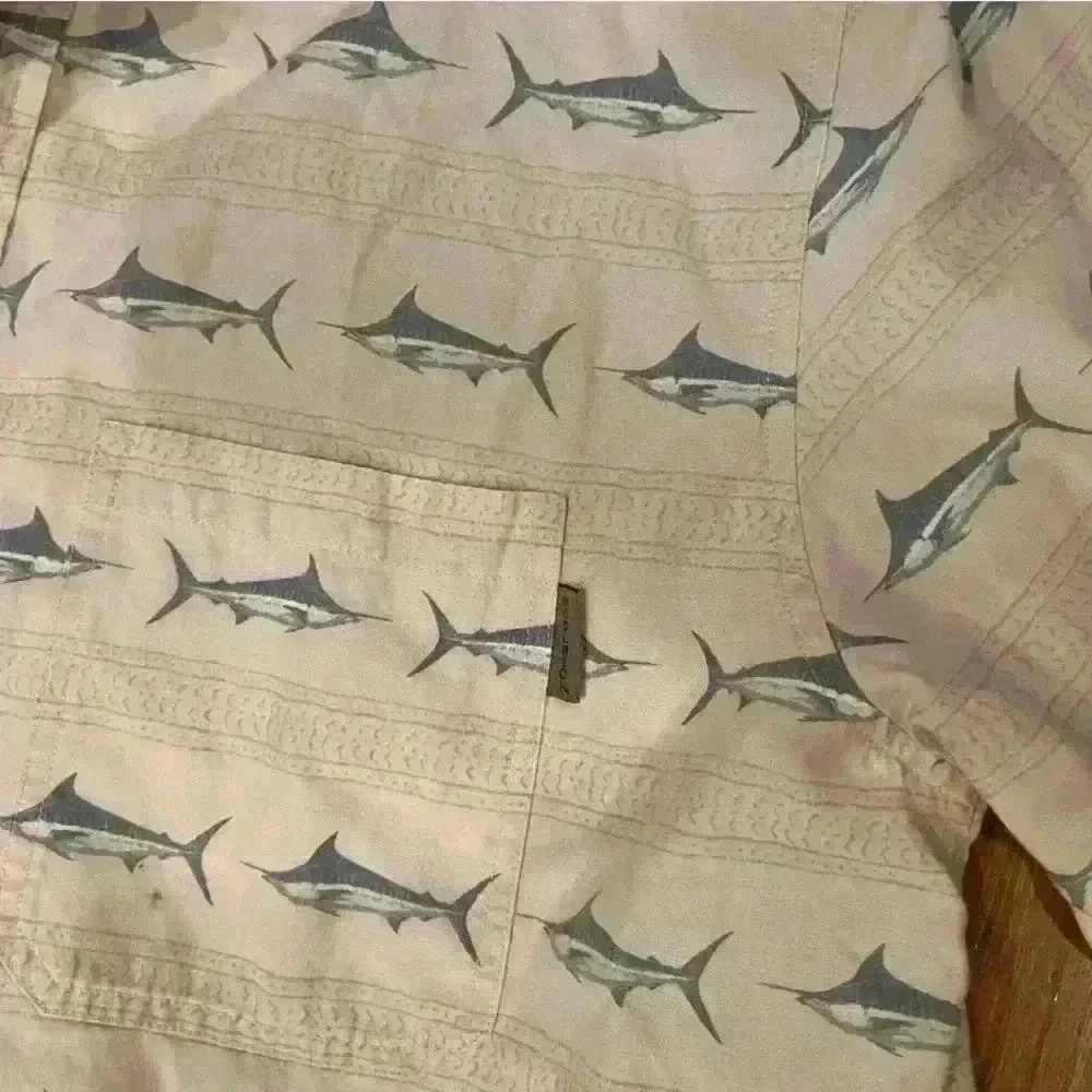 Woolrich Men’s Short Sleeve Swordfish Print Button Down Size L Pale Yellow
